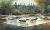 A. Q. Arif, Fort Overlooking Harbor, 30 x 60 Inch, Oil on Canvas, Seascape Painting, AC-AQ-306